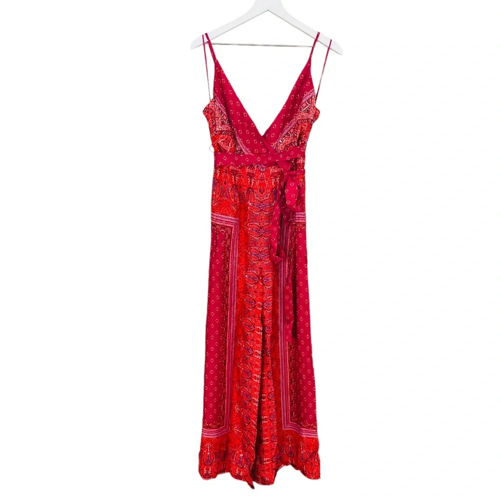 Free People Cabbage Rose Boho Wrap Top Waist Tie Satin Wide Leg Jumpsuit Size 2‎ - Picture 6 of 12